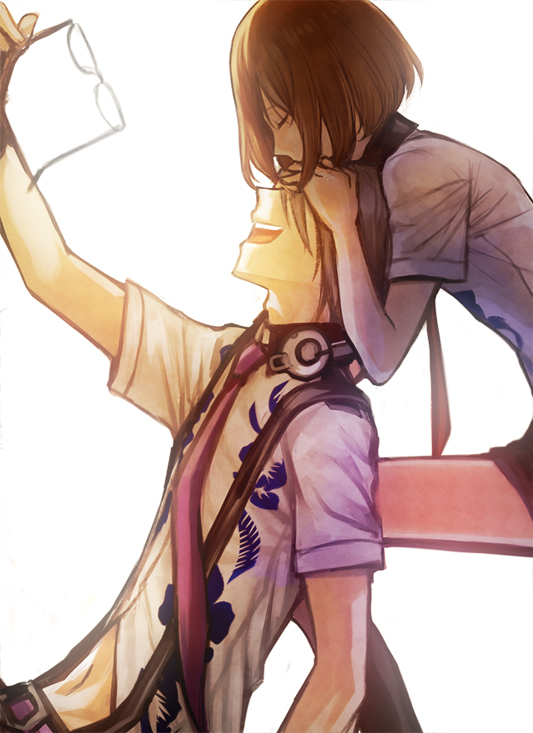 10s, 1boy, 1girl, asagi_akira_(scared_rider_xechs), brown_hair, covering_own_eyes, unworn_eyewear, glasses