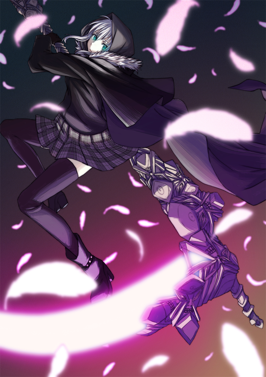 1girl, ankle_boots, black_boots, black_thighhighs, boots, cloak, fate_(series), feathers, female_focus, glowing, glowing_weapon, gray_(fate), highres, lord_el-melloi_ii_case_files, mioshiki, plaid_clothes, plaid_skirt, scythe, skirt, solo, thighhighs, weapon