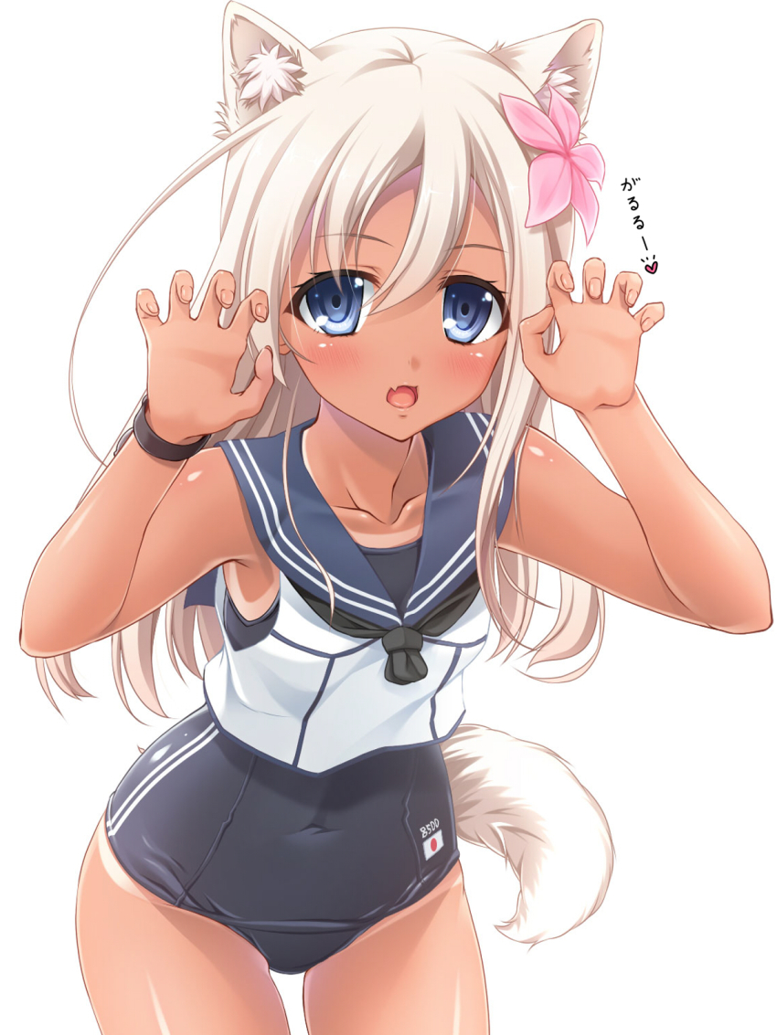 10s, 1girl, animal_ears, bare_shoulders, blonde_hair, blue_eyes, bracelet, claw_pose