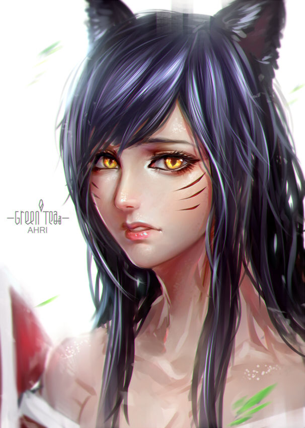 1girl, ahri_(league_of_legends), animal_ears, blue_eyes, facial_mark, fox_ears, glowing, glowing_eyes