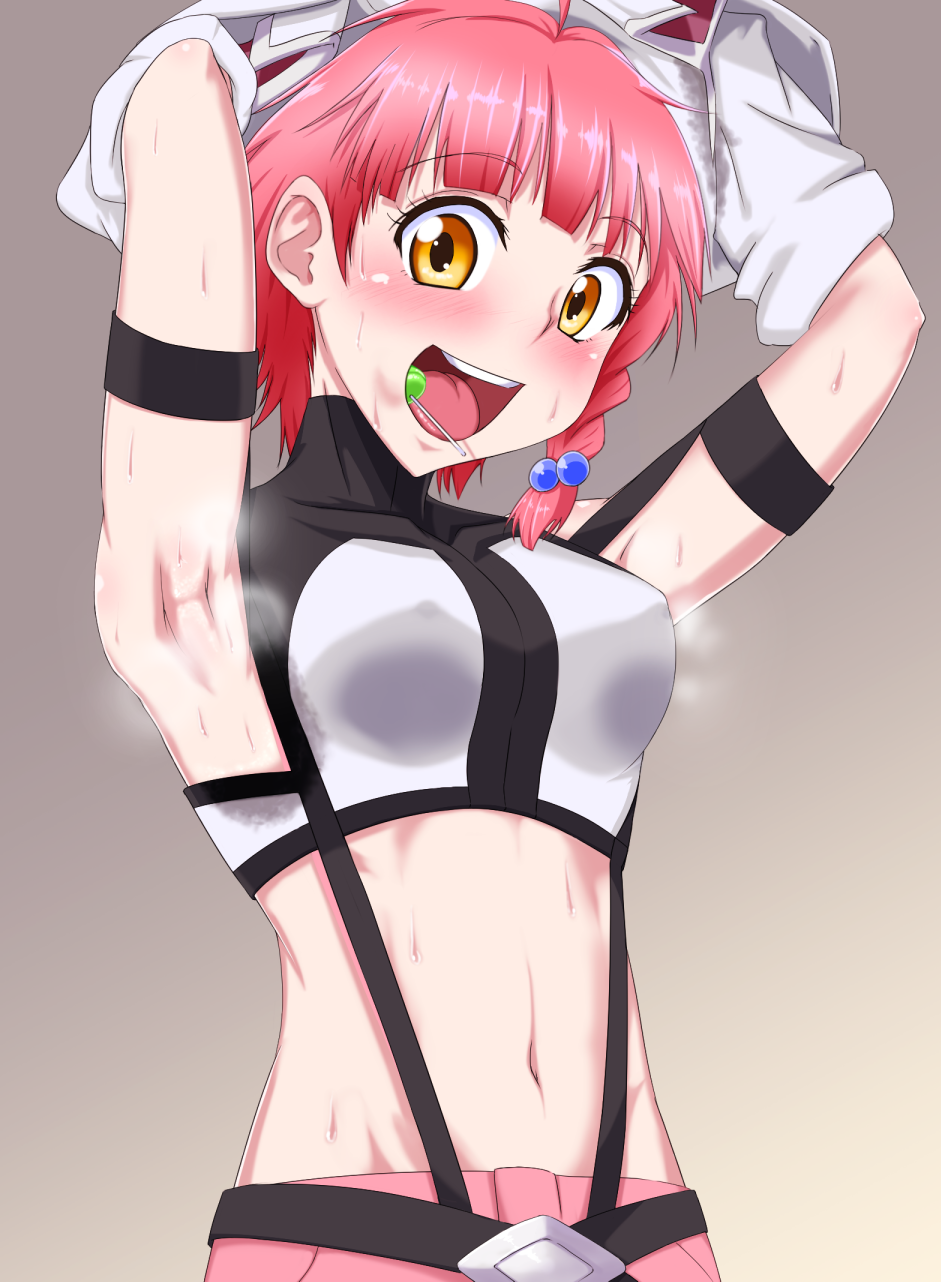 10s, 1girl, armpits, arms_up, blush, braid, breasts, candy, covered_erect_nipples, cross_ange, dsc_103, female_focus, food, highres, lollipop, looking_at_viewer, midriff, navel, open_clothes, open_mouth, pink_hair, short_hair, smell, smile, solo, stain, sweat, sweat_stain, tagme, undressing, vivian_(cross_ange), yellow_eyes