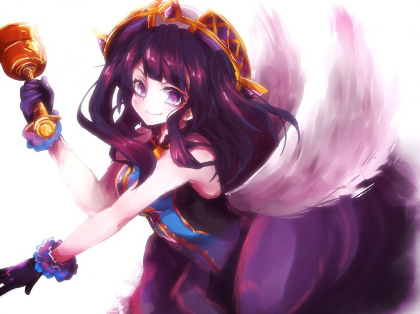 1girl, angel_wings, gloves, headdress, lumiel_(p&amp;d), purple_eyes, purple_hair, puzzle_&amp;_dragons, wings, yukio