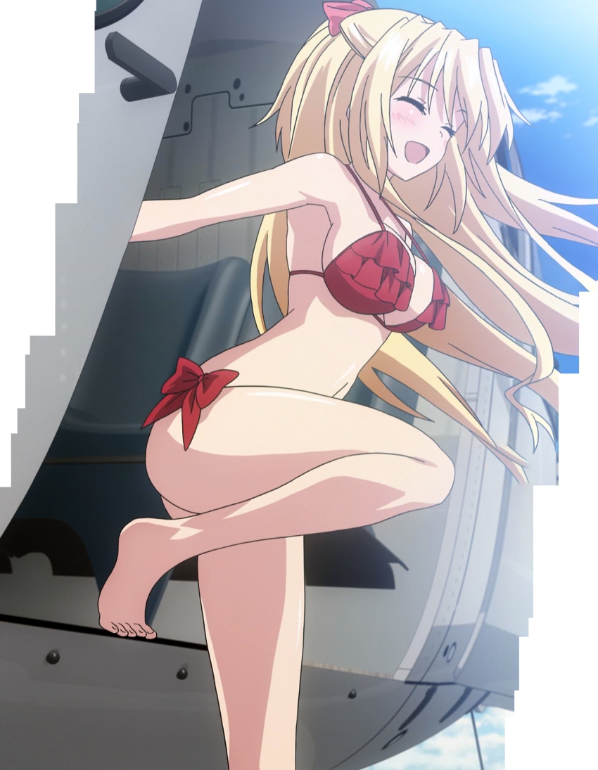 10s, 1girl, ^_^, absolute_duo, aircraft, anime_screenshot, barefoot, bikini