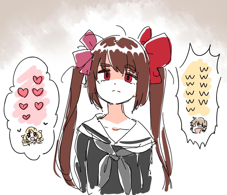 10s, 1girl, alternate_hairstyle, bow, brown_hair, completely_unamused, hair_bow, heart