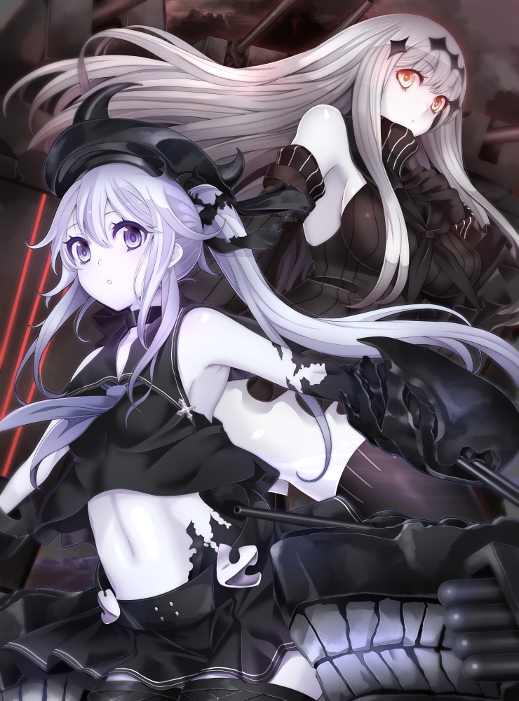 10s, 2girls, :o, abyssal_ship, aircraft_carrier_water_oni, arm_cannon, bare_shoulders, black_gloves