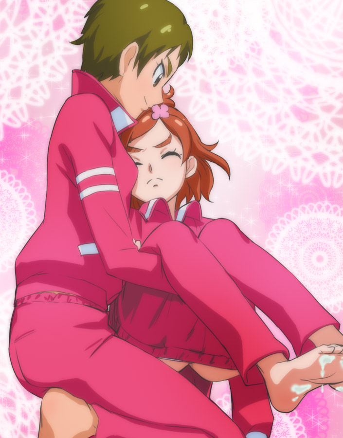 2girls, ass, azuma_seira, barefoot, closed_eyes, feet, go!_princess_precure, green_hair, haruno_haruka, haruyama_kazunori, jacket, multiple_girls, panties, pants, precure, red_hair, short_hair, toes, track_jacket, track_pants, track_suit, underwear