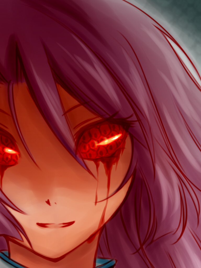 1girl, blood, bloody_tears, breasts, compound_eyes, creepy, female_focus, horror_(theme)