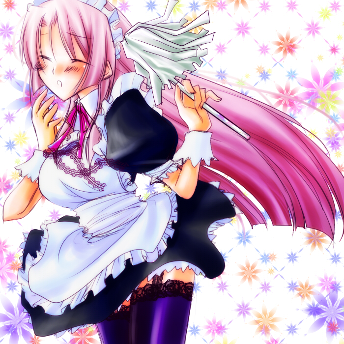 1girl, apron, blush, breasts, closed_eyes, female_focus, frills, garter_straps