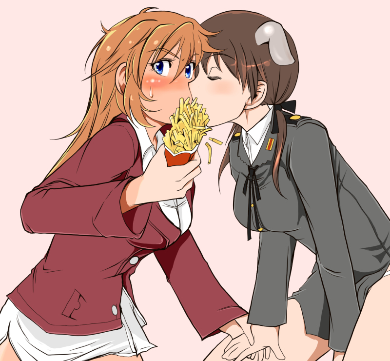 2girls, animal_ears, bad_id, bad_pixiv_id, blue_eyes, blush, breasts, brown_hair