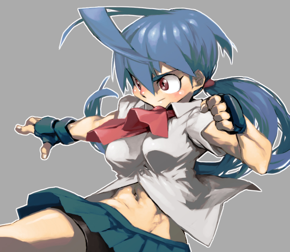 1girl, bike_shorts, blue_hair, female_focus, fingerless_gloves, gloves, kanzaki_yun, m.u.g.e.n, midriff, navel, original, pleated_skirt, ponytail, red_eyes, shirt, shorts, shorts_under_skirt, skirt, solo, ysk!
