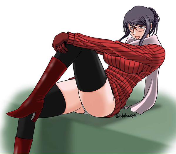 1girl, black_hair, black_thighhighs, blue_eyes, blush, boots, breasts, chiba_shuusaku