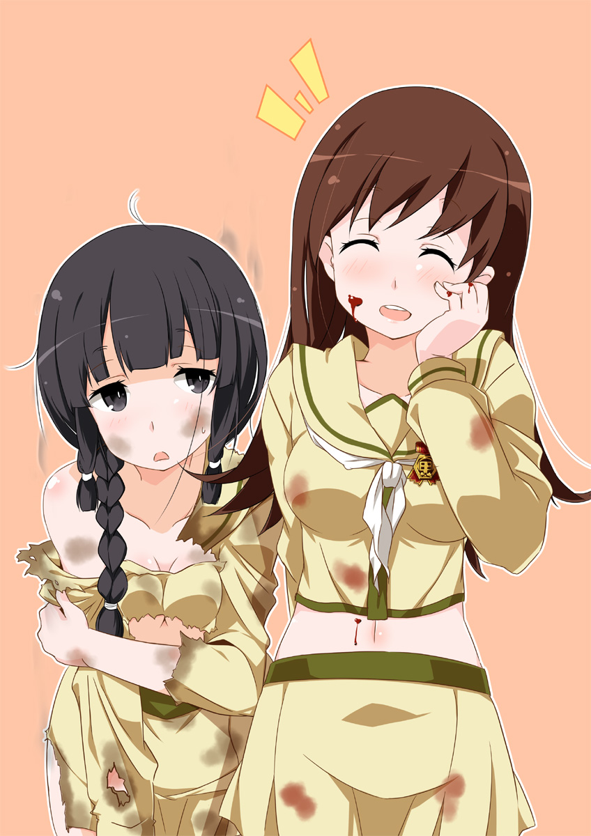 10s, 2girls, black_hair, blood, blood_on_face, blunt_bangs, braid, brown_hair