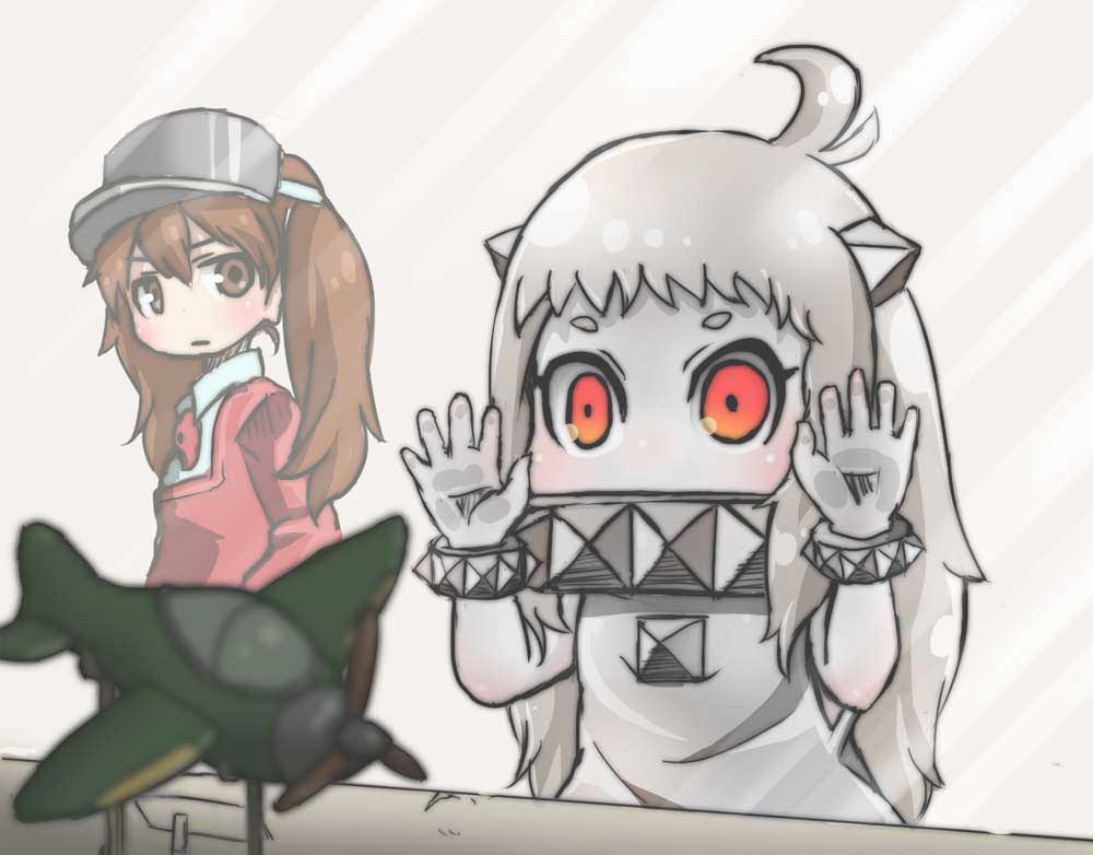 10s, 2girls, abyssal_ship, against_glass, aircraft, airplane, antenna_hair, brown_eyes, brown_hair, chamaji, chamawatari, covered_mouth, dress, horns, japanese_clothes, kantai_collection, kariginu, long_hair, magatama, multiple_girls, northern_ocean_princess, orange_eyes, pale_skin, ryuujou_(kancolle), silver_hair, twintails, visor_cap, white_dress