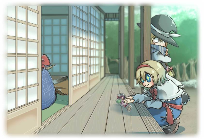 +_+, 4girls, ahoge, alice_margatroid, barefoot, blonde_hair, blue_eyes, blurry