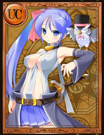 1girl, animal, artist_request, bare_shoulders, battle_maiden_navi, bird, blue_eyes, blue_hair, blush, breasts, cleavage, covered_erect_nipples, female_focus, long_hair, looking_at_viewer, lord_of_valkyrie, lord_of_walkure, lowres, matching_hair/eyes, official_art, owl, smile, solo, standing