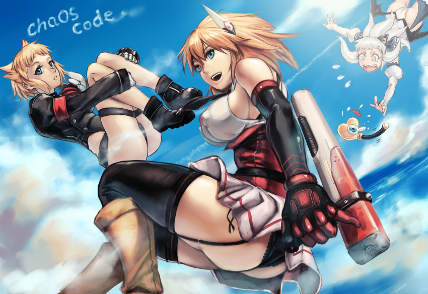 3girls, ass, bare_shoulders, black_footwear, black_legwear, blonde_hair, blue_eyes, blue_sky, boots, breasts, brown_footwear, chaos_code, cloud, contrail, copyright_name, cthylla_(chaos_code), day, dress, elbow_gloves, covered_erect_nipples, falling, flying, flying_sweatdrops, full_body, garter_belt, garter_straps, gloves, headgear, highres, jacket, large_breasts, hugging_own_legs, long_hair, long_sleeves, lupinus_(chaos_code), miniskirt, mishima_rui, multiple_girls, open_mouth, outdoors, reaching, sailex, sharp_teeth, short_hair, sideboob, silver_hair, skirt, sky, sleeveless, sleeveless_dress, smile, teeth, thighhighs, tonfa, weapon