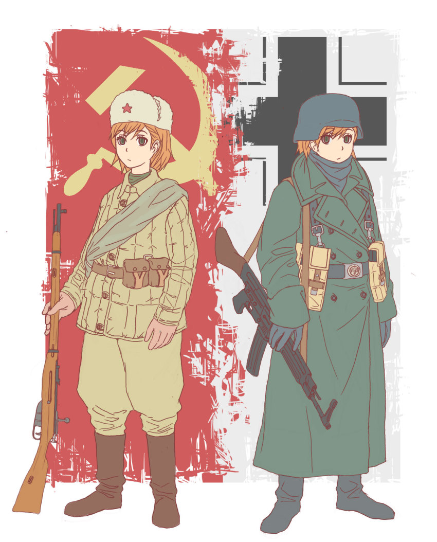 2girls, ammunition_pouch, assault_rifle, balkenkreuz, bolt_action, boots, buttons, coat