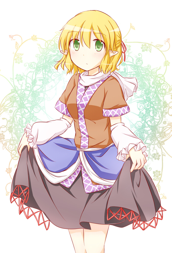 1girl, :<, arm_warmers, blonde_hair, blush, curtsey, female_focus, green_eyes