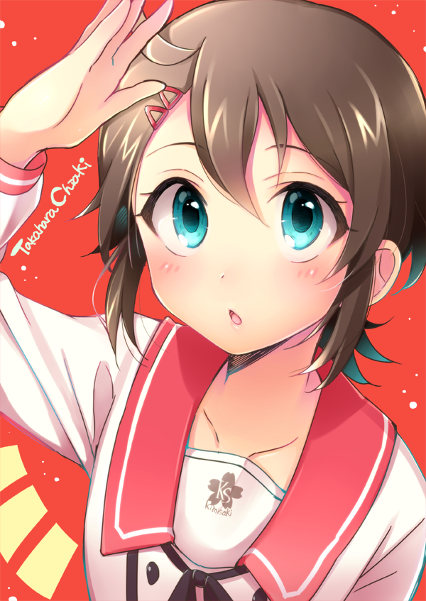 1girl, ahoge, aidumi, bad_id, bad_twitter_id, blue_eyes, blush, brown_hair