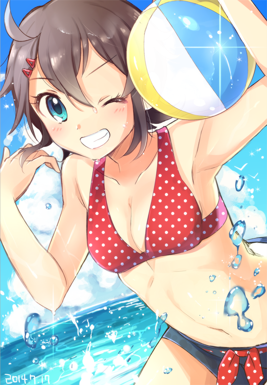 1girl, ahoge, aidumi, armpits, bad_id, bad_twitter_id, ball, beachball, bikini, bikini_top_only, blue_eyes, blush, breasts, brown_hair, bubble, cleavage, dutch_angle, ensemble_girls!, female_focus, hair_ornament, hairclip, looking_at_viewer, navel, one_eye_closed, polka_dot, short_hair, smile, solo, swimsuit, takahara_chiaki, water