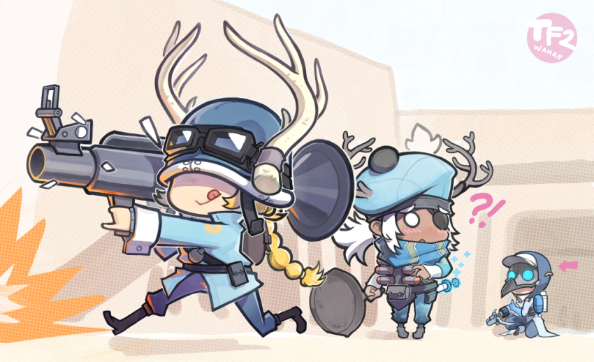 !?, 1boy, 2girls, antlers, arrow_(symbol), artist_name, baseball_cap, blonde_hair, blu_demoman_(tf2), blu_medic_(tf2), blu_soldier_(tf2), blue_eyes, blue_hat, blush, boots, bow_(weapon), braid, copyright_name, covered_eyes, crossbow, dark_skin, demoman_(tf2), explosion, explosive, eyepatch, frying_pan, genderswap, genderswap_(mtf), gloves, glowing, glowing_eyes, goggles, goggles_on_headwear, grenade, hat, helmet, helmet_over_eyes, hood, hoodie, horns, long_hair, mask, medic_(tf2), multiple_girls, o_o, on_one_knee, pigeon-toed, rocket_launcher, running, scarf, soldier_(tf2), syringe, tam_o'shanter, team_fortress_2, tongue, wahae, watch, weapon, white_hair, white_hat, wrist_cuffs