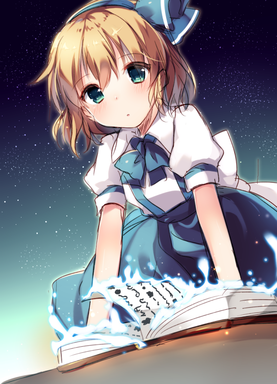 1girl, alice_margatroid, alice_margatroid_(pc-98), aura, blonde_hair, blue_dress, blush, book, bow, collared_shirt, dress, female_focus, from_below, glowing, green_eyes, hairband, kneeling, looking_at_viewer, looking_down, morinaga_kobato, open_book, puffy_short_sleeves, puffy_sleeves, shirt, short_hair, short_sleeves, sky, solo, star_(sky), starry_sky, touhou, touhou_(pc-98)