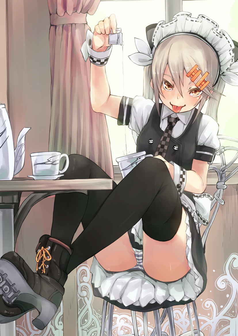 1girl, :p, boots, brown_eyes, chair, cup, dress, female_focus, fu-ta, hair_ornament, hairclip, long_hair, maid, maid_headdress, original, panties, pantyshot, ponytail, pouring, sitting, solo, striped_clothes, striped_panties, table, teacup, teapot, thighhighs, tongue, tongue_out, top_of_moe_2015, twintails, underwear, usami_taiga, wrist_cuffs