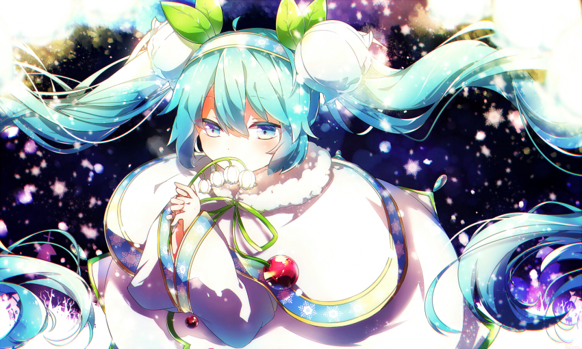 1girl, aka_tonbo_(lililil), aqua_hair, blue_eyes, capelet, female_focus, flower, fur_trim