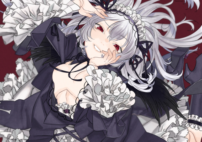 1girl, black_wings, breasts, center_opening, convenient_censoring, doll_joints, dress, feathered_wings, female_focus, flower, frilled_dress, frilled_sleeves, frills, gothic_lolita, grin, hairband, hand_on_own_cheek, hand_on_own_face, hand_on_own_head, high_heels, joints, kneeling, lolita_fashion, lolita_hairband, long_hair, long_sleeves, looking_at_viewer, purple_flower, purple_rose, red_eyes, ribbon, rose, rozen_maiden, rururara, silver_hair, smile, solo, suigintou, wings