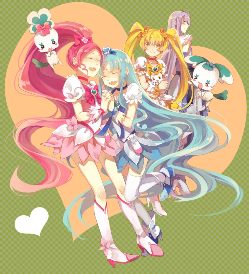 10s, 4girls, ankle_boots, bingdu_3927, blonde_hair, blue_footwear, blue_hair, boots