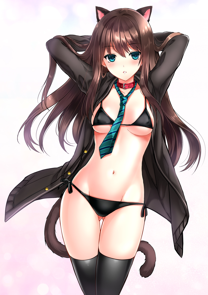 10s, 1girl, :o, animal_ears, arms_behind_head, arms_up, bikini, black_bikini