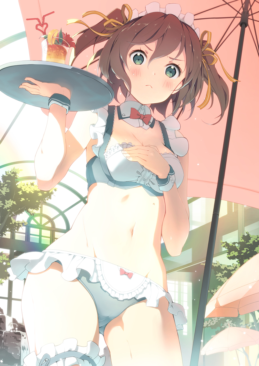 >:<, 1girl, :<, :c, angry, aqua_bikini, backlighting, bikini, black_bikini, blush, bow, bow_bikini, breasts, brown_hair, cameltoe, cleavage, closed_mouth, contrapposto, covering_breasts, covering_privates, cowboy_shot, cup, detached_collar, drinking_glass, drinking_straw, female_focus, frilled_bikini, frilled_thigh_strap, frills, from_below, green_eyes, grey_eyes, hair_ribbon, highres, looking_at_viewer, maid, maid_bikini, maid_headdress, navel, original, parasol, ribbon, short_hair, solo, standing, sunlight, swimsuit, thigh_strap, top_of_moe_2015, tray, twintails, two_side_up, umbrella, unconventional_maid, v-shaped_eyebrows, yoshino_ryou