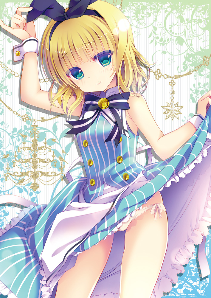 1girl, animal_ears, apron, bare_shoulders, blonde_hair, blue_eyes, clothes_lift, contrapposto
