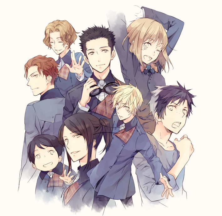 10s, 1girl, 6+boys, bad_id, bad_pixiv_id, black_hair, blonde_hair, dx_luccafort