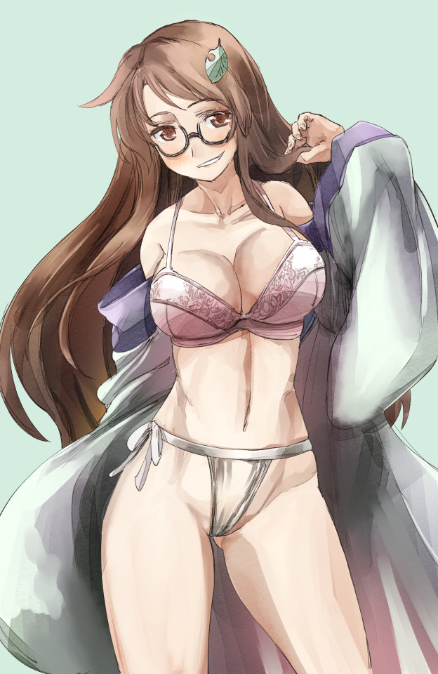 1girl, bare_shoulders, black-framed_eyewear, bra, breasts, brown_eyes, brown_hair, female_focus