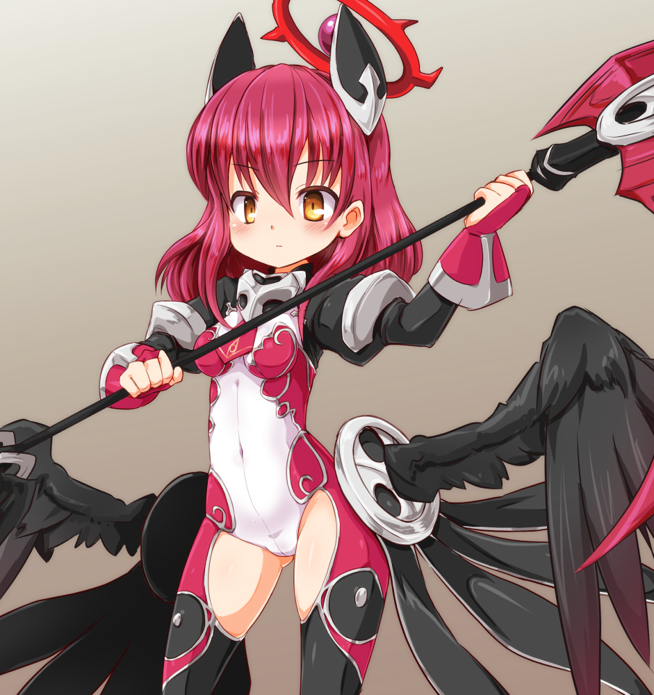 1girl, blush, breasts, colored_eyelashes, emil_chronicle_online, female_focus, gluteal_fold, halo, huyusilver, kanif, long_hair, mitama_celes, orange_eyes, pink_hair, small_breasts, solo, wings