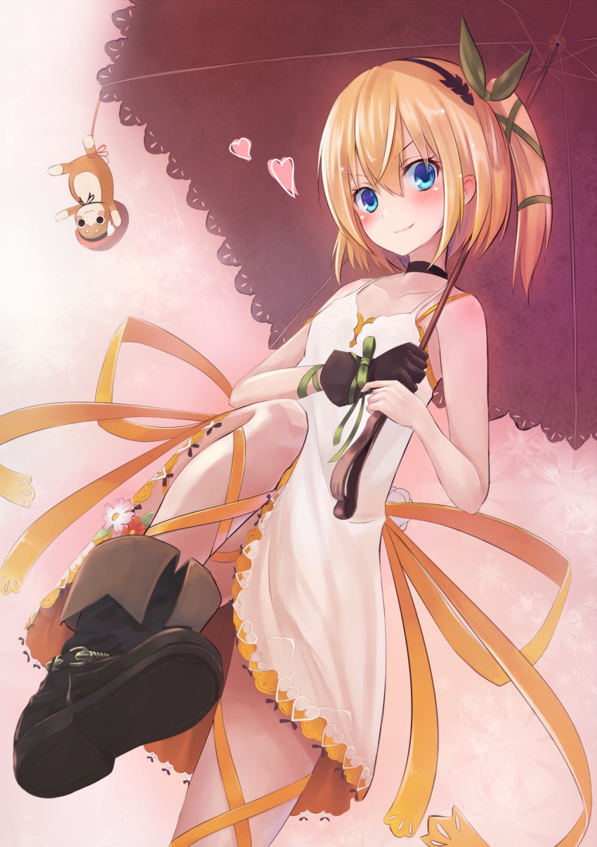 10s, 1girl, black_neckwear, blonde_hair, blue_eyes, blush, boots, bow