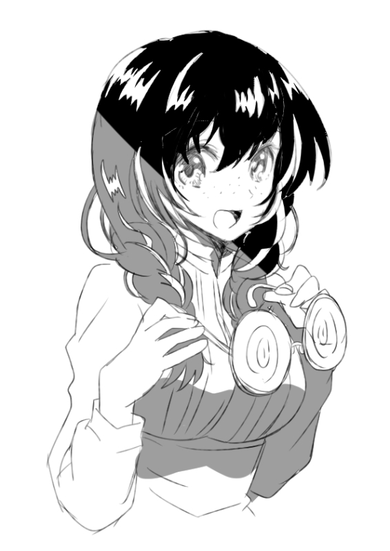 10s, 1girl, :d, amarabi_(tobira), bad_id, bad_pixiv_id, black_hair, braid, coke-bottle_glasses, disguise, female_focus, freckles, glasses, greyscale, holding, holding_removed_eyewear, ion_luccafort, landreaall, monochrome, open_mouth, smile, solo, unworn_eyewear