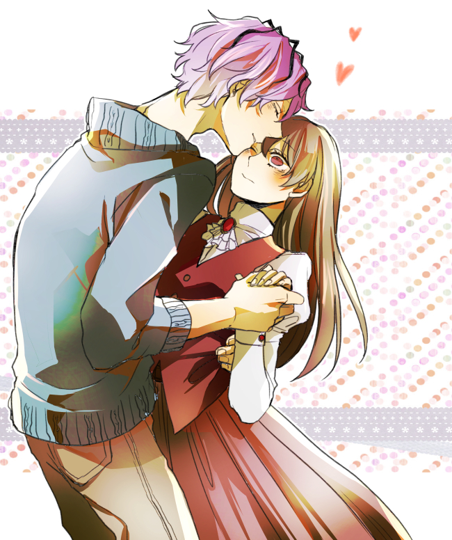 1boy, 1girl, aged_up, bad_id, bad_pixiv_id, blush, brown_hair, closed_eyes