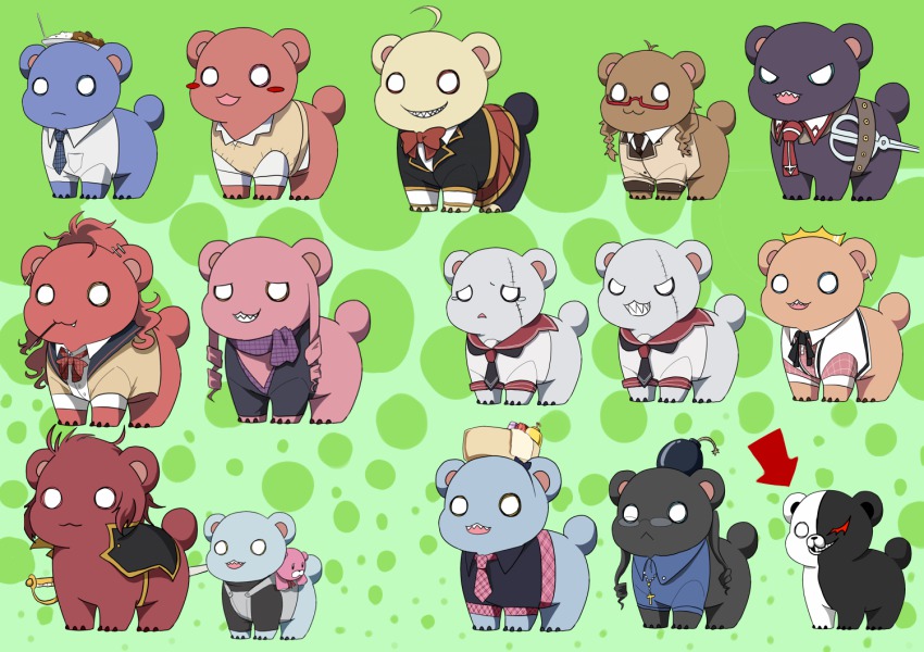ahoge, akuma_no_riddle, animal_ears, animalization, arakawa_miho, arrow_(symbol), azuma_tokaku, bad_id, bad_pixiv_id, banba_mahiru, banba_shin'ya, bear, bear_ears, bear_paws, black_hair, blonde_hair, blue_hair, blush, bow, brown_hair, crown, danganronpa:_trigger_happy_havoc, danganronpa_(series), dress, dual_persona, food, full_body, glasses, green_background, grey_hair, grin, hair_ornament, hairclip, hairpin, hanabusa_sumireko, hashiri_nio, ichinose_haru, inukai_isuke, kaminaga_kouko, kenmochi_shiena, kirigaya_hitsugi, long_hair, mizuki_(1054311109), monokuma, multiple_girls, namatame_chitaru, necktie, no_humans, open_mouth, orange_hair, pantyhose, parody, pink_hair, pocky, ponytail, purple_hair, red_hair, sagae_haruki, scar, school_uniform, scissors, serafuku, sharp_teeth, short_hair, shutou_suzu, simple_background, skirt, smile, square-end_necktie, standing, takechi_otoya, teeth, twintails, voice_actor_connection, yuri, yuri_kuma_arashi
