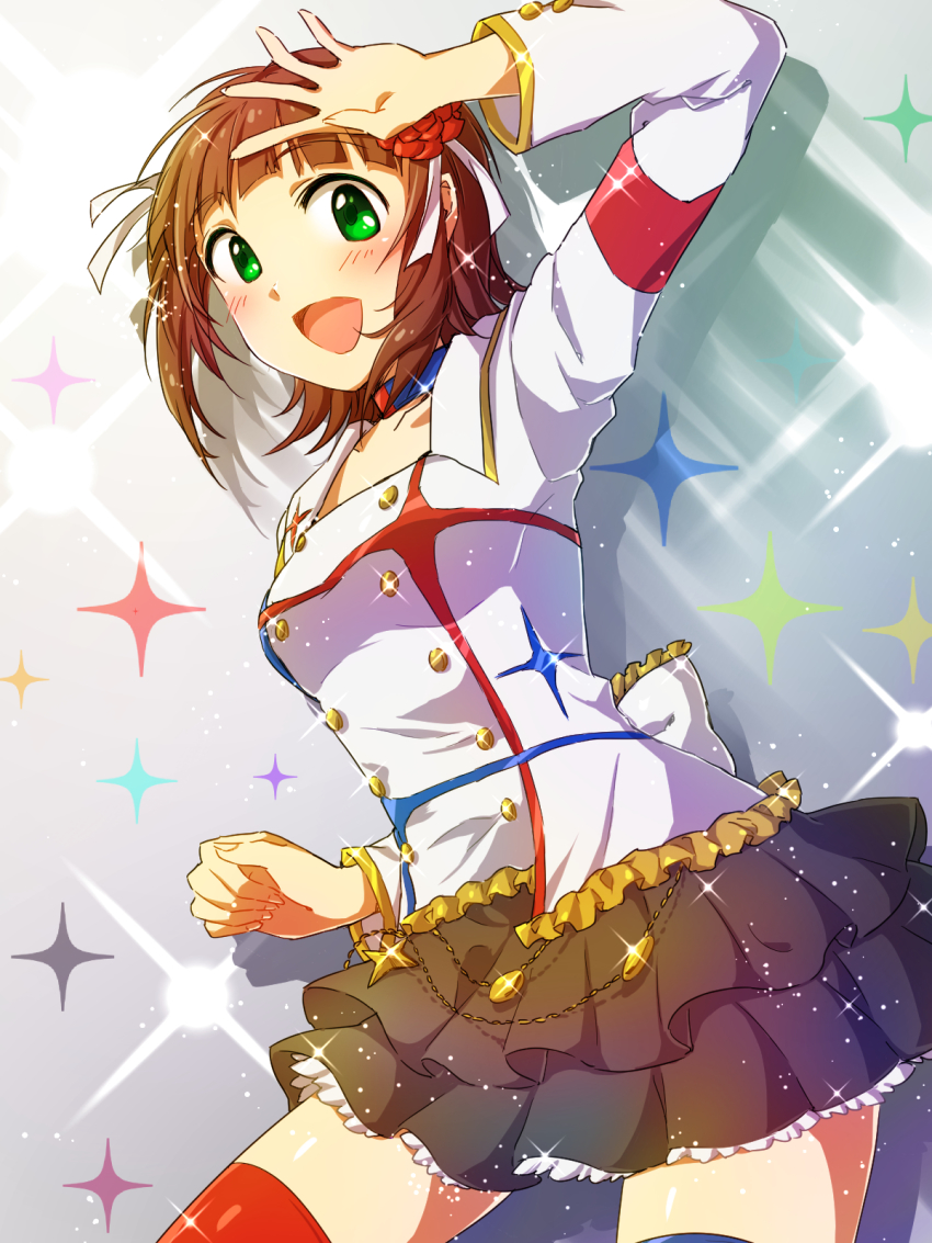 1girl, amami_haruka, asymmetrical_legwear, bow, brown_hair, choker, female_focus, flower