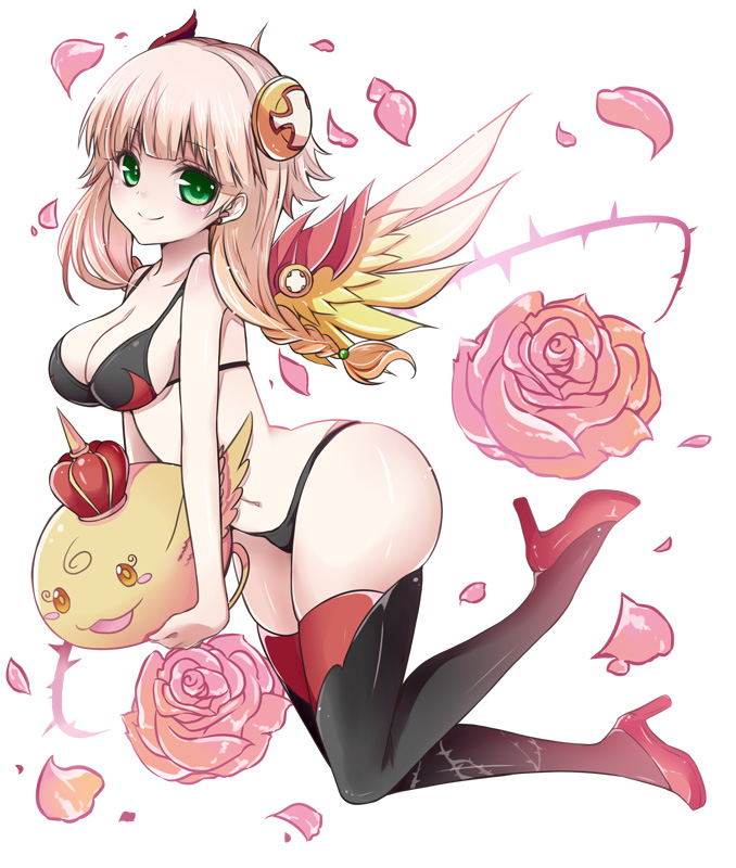 1girl, bikini, fire_valkyrie_(p&amp;d), flower, green_eyes, high_heels, multicolored_hair, multiple_girls, navel, petals, pink_hair, puzzle_&amp;_dragons, red_valkyrie_(p&amp;d), rose, skindentation, smile, swimsuit, takoyaki_kenken, thighhighs, two-tone_hair, valkyrie_(p&amp;d), wings