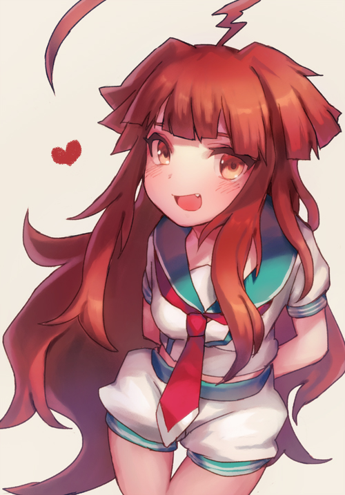 10s, 1girl, ahoge, bad_id, bad_pixiv_id, brown_eyes, brown_hair, fang