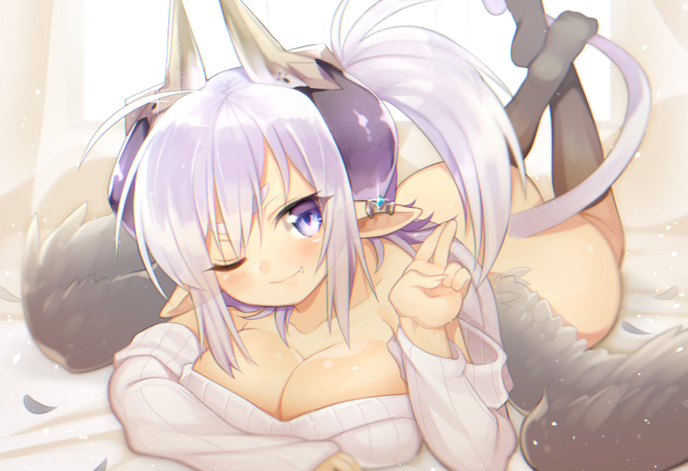 1girl, ass, bare_shoulders, blush, bottomless, breasts, cleavage, demon_horns, earrings, eteru_(mofuaki), fang, female_focus, horns, jewelry, kneehighs, large_breasts, long_hair, looking_at_viewer, lying, mofuaki, naked_sweater, on_stomach, one_eye_closed, original, pointy_ears, ponytail, purple_eyes, purple_hair, ribbed_sweater, smile, socks, solo, sweater, tail, v, wings