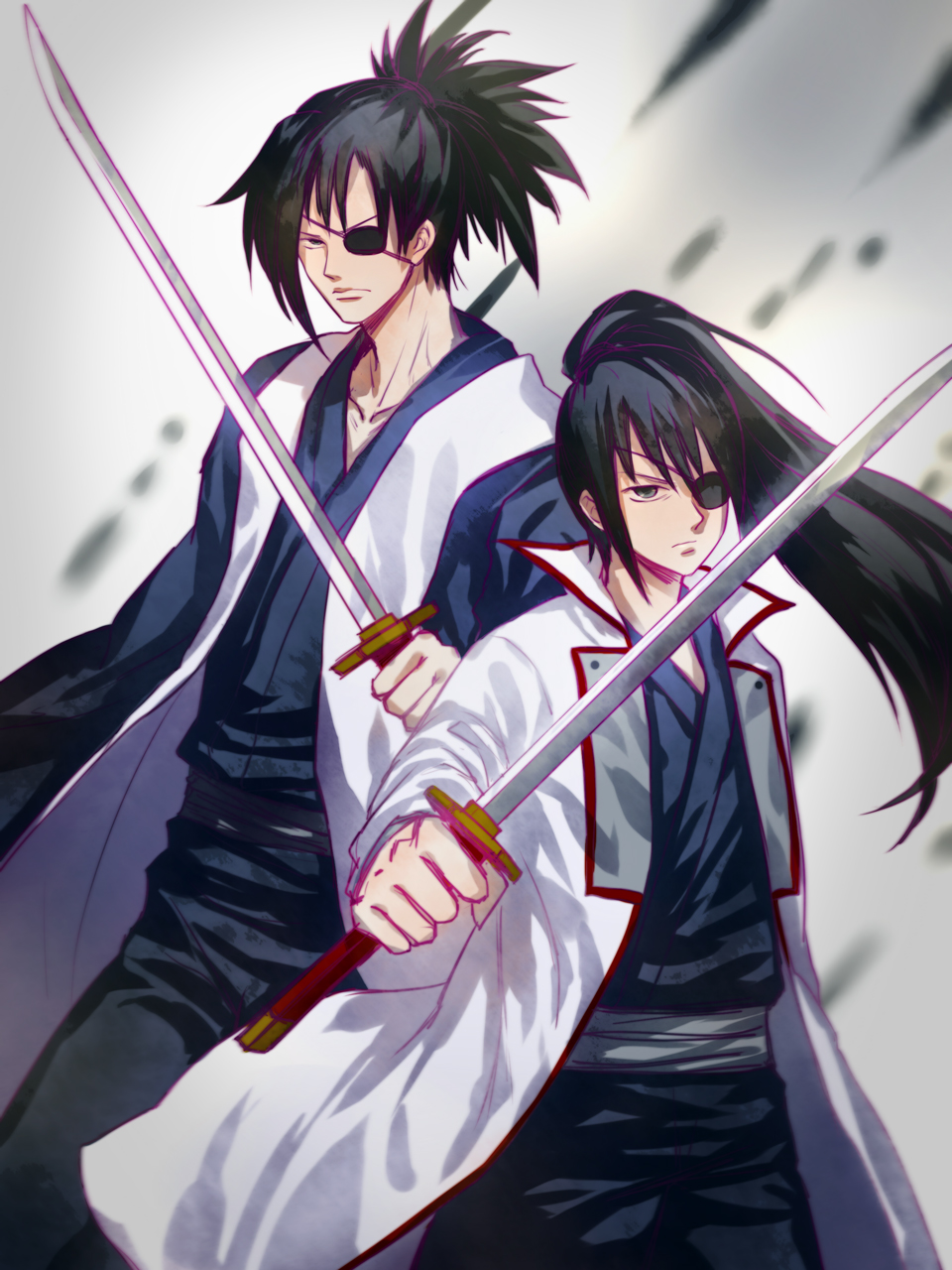 1boy, 1girl, black_hair, dual_persona, eyepatch, genderswap, genderswap_(ftm), gintama, hangleing, highres, katana, long_hair, ponytail, recursive_genderswap, sword, weapon, yagyuu_juubei_(gintama), yagyuu_kyuubei