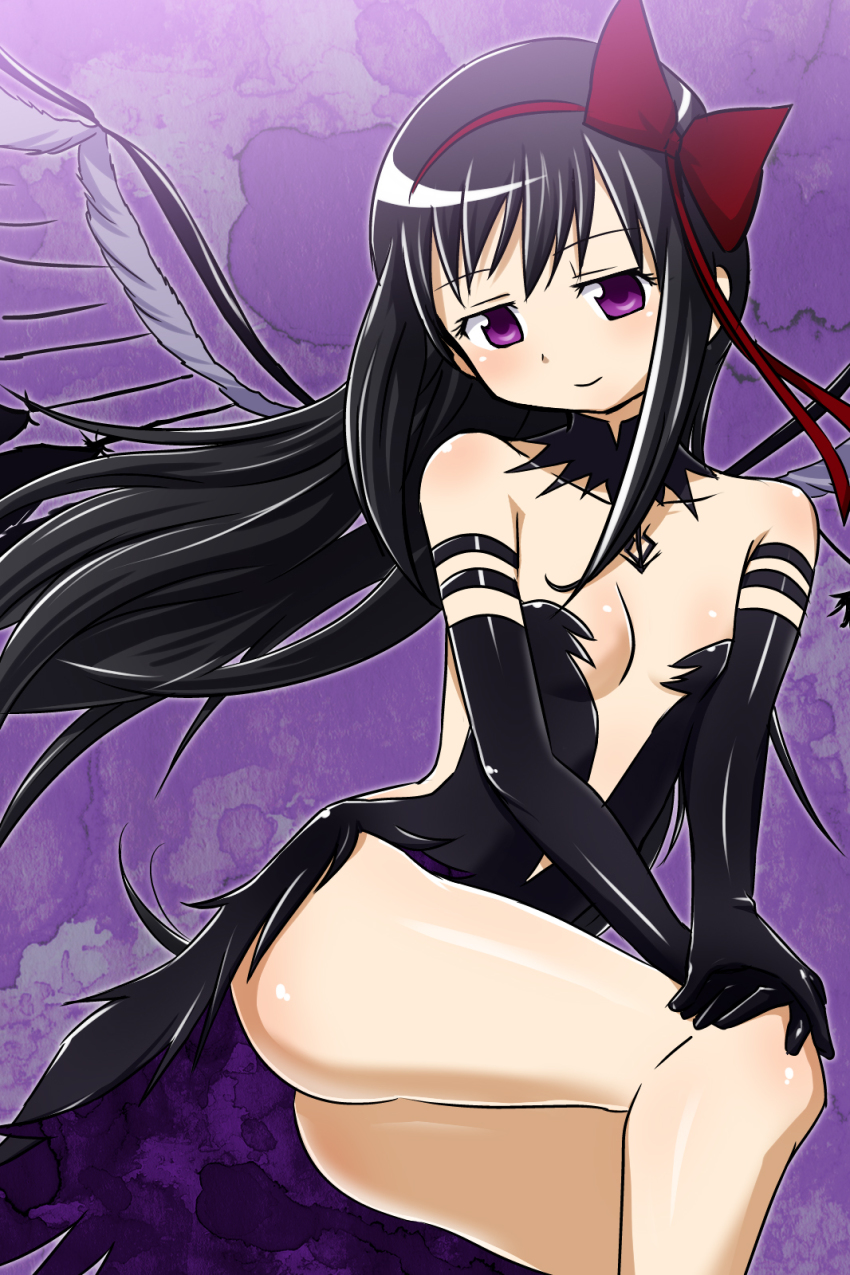10s, 1girl, akemi_homura, akuma_homura, ass, bare_shoulders, black_hair, blush