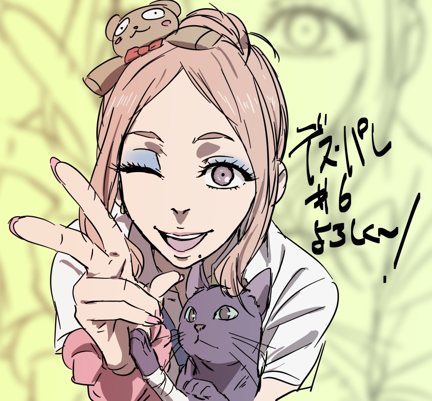 10s, 1girl, ;d, arita_mayu, bandages, bear_hair_ornament, black_cat, blurry, carrying, cat, collared_shirt, death_parade, depth_of_field, earrings, eyeshadow, female_focus, fingernails, foreshortening, gradient_background, grey_eyes, hair_ornament, jewelry, lipstick, long_fingernails, looking_at_viewer, makeup, mole, mole_under_mouth, nail_polish, necktie, one_eye_closed, open_mouth, pink_hair, shirt, short_sleeves, sidelocks, sketch, smile, solo, sones, v, zoom_layer