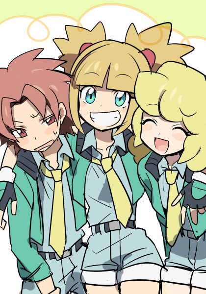 00s, 1boy, 2girls, :d, belt, black_gloves, blonde_hair, blue_shirt, brown_eyes, brown_hair, closed_eyes, curly_hair, fingerless_gloves, gloves, green_eyes, green_jacket, grin, group_hug, hug, image_sample, jacket, kate_(pokemon), long_hair, looking_at_viewer, messy_hair, multiple_girls, necktie, nibo_(att_130), nintendo, open_mouth, orange_hair, pixiv_sample, pokemon, pokemon_ranger_(series), pokemon_ranger_vatonage, red_hair, rhythmi_(pokemon), school_uniform, shirt, short_hair, short_twintails, shorts, simple_background, smile, spiked_hair, twintails