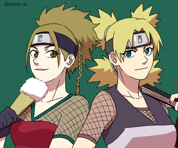 10s, 2015, 2girls, artist_name, blonde_hair, braid, brown_eyes, dated, forehead_protector, gloves, green_eyes, headband, jjj_(dbsgh8573), looking_at_viewer, multiple_girls, naruto_(series), naruto_shippuuden, quad_tails, sen_(naruto), smile, temari_(naruto)