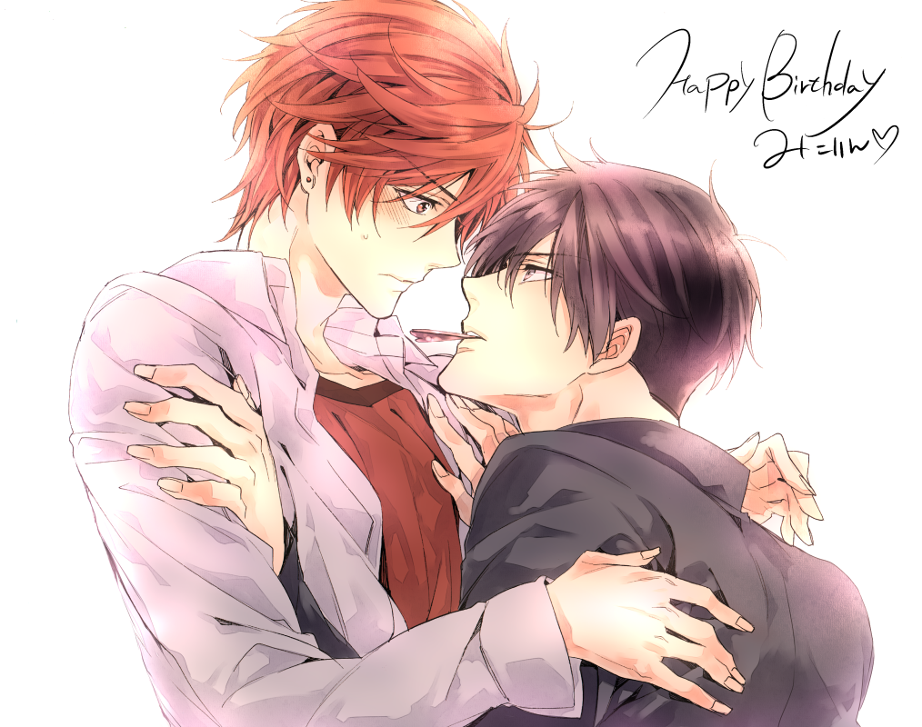 10s, 2boys, black_hair, blush, brown_eyes, candy, character_name, chocolate, chocolate_heart, eye_contact, food, gakuran, gekkan_shoujo_nozaki-kun, happy_birthday, heart, looking_at_another, male_focus, mikoshiba_mikoto, mouth_hold, multiple_boys, nozaki_mayu, red_eyes, red_hair, school_uniform, toriyoshi, yaoi